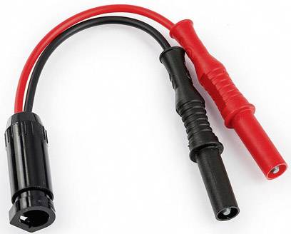 An adaptor cable with two channels: one red and one black, each with plugs at the ends.