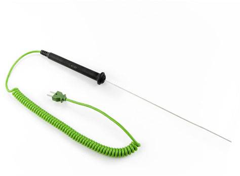 Long, thin temperature measuring device with a green, spiral-shaped cable and plug, primarily designed for precise measurement.