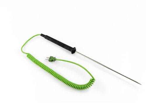 A green spiral cable probe with a black handle, suitable for temperature measurements, on a white background.