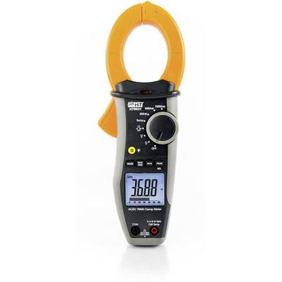 A digital clamp multimeter with an orange clamp and display shows the measurement value '36.8'.