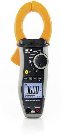 Digital electrical multimeter with an orange clamp and illuminated display showing "36.88". Used for measuring AC/DC current.