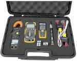 Measuring device set in case with laser distance meter