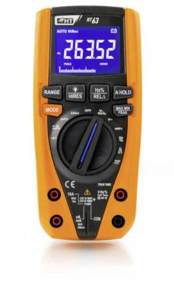 Multimeter in orange, displaying '263.52' on a blue screen. Rotary switch in the centre, buttons on top for various modes.