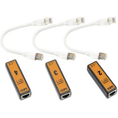 Three orange testers with black borders, numbered 2, 3, 4, beside short white Ethernet cables with RJ45 connectors.