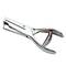 A silver staple remover with a curved handle and serrated tips on a white background.