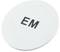 White round card with a black 'EM' printed on it.
