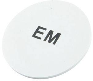 Round, flat, white object with the black inscription 'EM' in the centre.