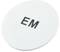 Round, flat, white object with the black inscription 'EM' in the centre.