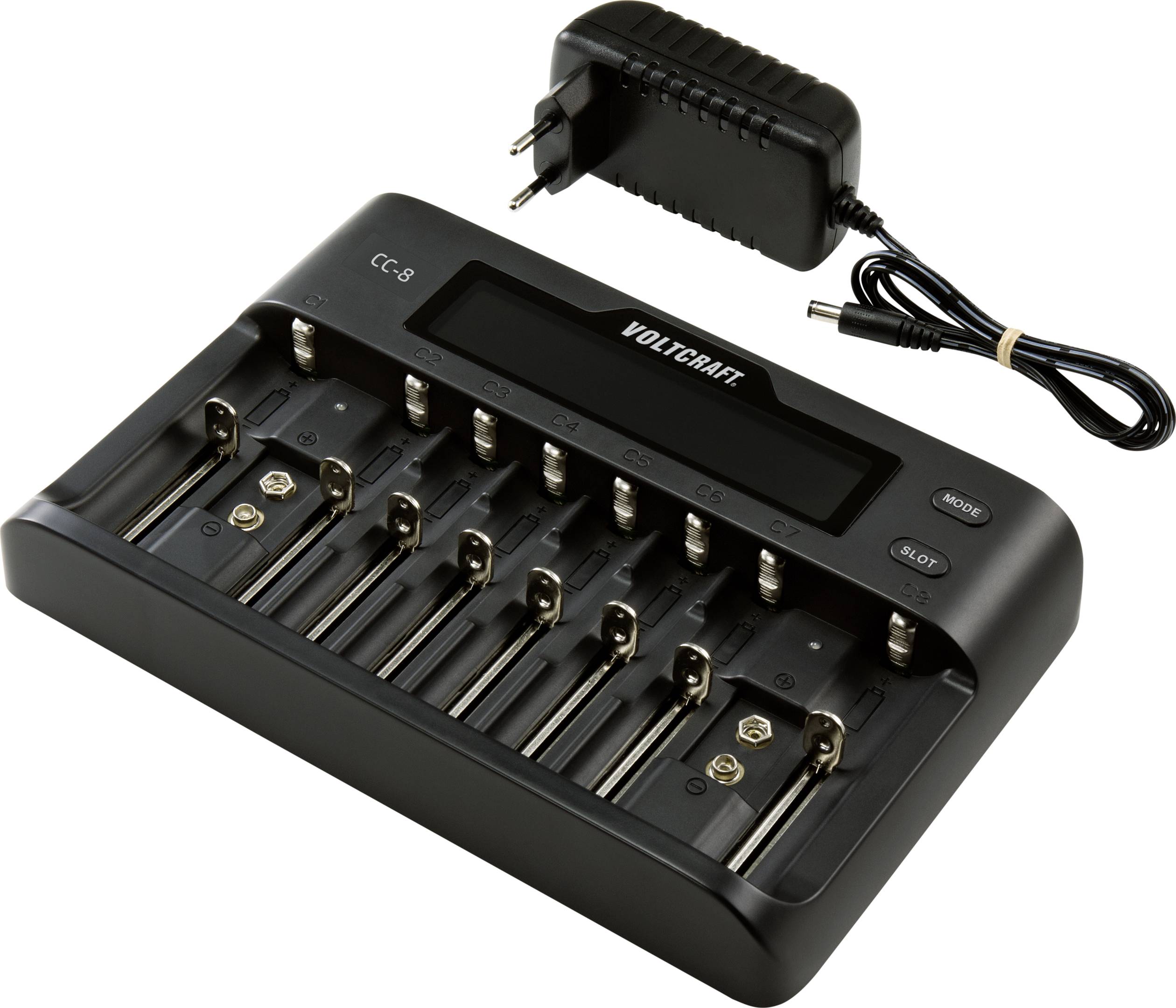 'Black-grey battery charger with eight AA slots and LED display, including power cable, for simultaneously charging multiple batteries.'