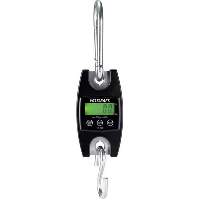 Digital hanging scale with hook and carabiner. Display shows weight. Label reads 'Voltcraft', maximum load capacity 300 kg.