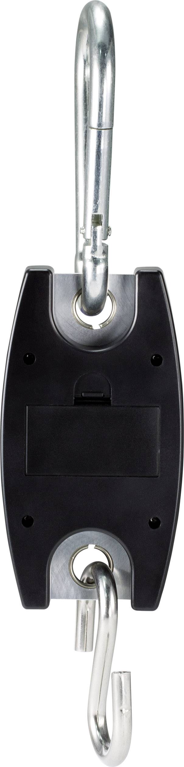 Digital luggage scale with hook and carabiner, black. It is used for weighing luggage while travelling.