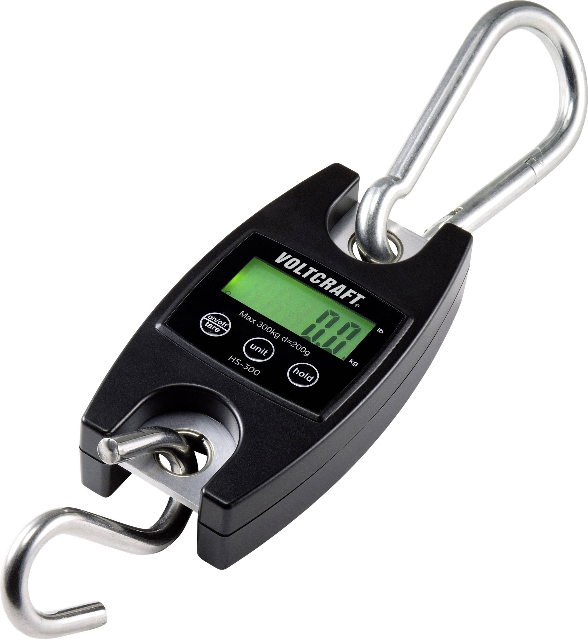Digital hanging scale with a hook at the bottom and a loop at the top for attachment. Displays '0.00' on the LCD screen. Maximum load capacity: 300 kg.