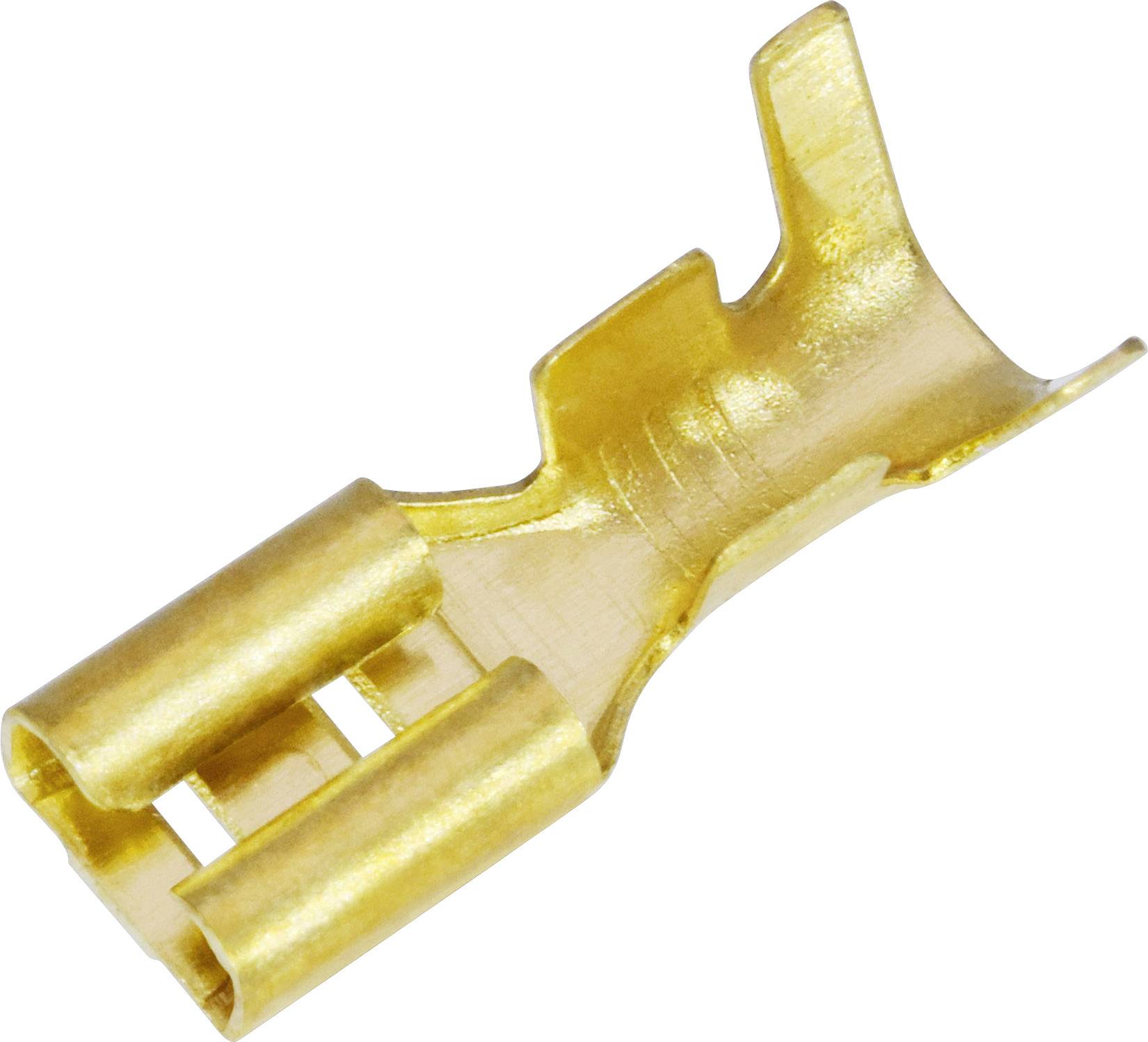 A golden-coloured metal cable lug in close-up, unlacquered, with two openings for secure cable connections.