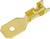 Golden metal flat pin connector with hole and crimp pattern, used for electrical connections, non-insulated and flat-shaped.