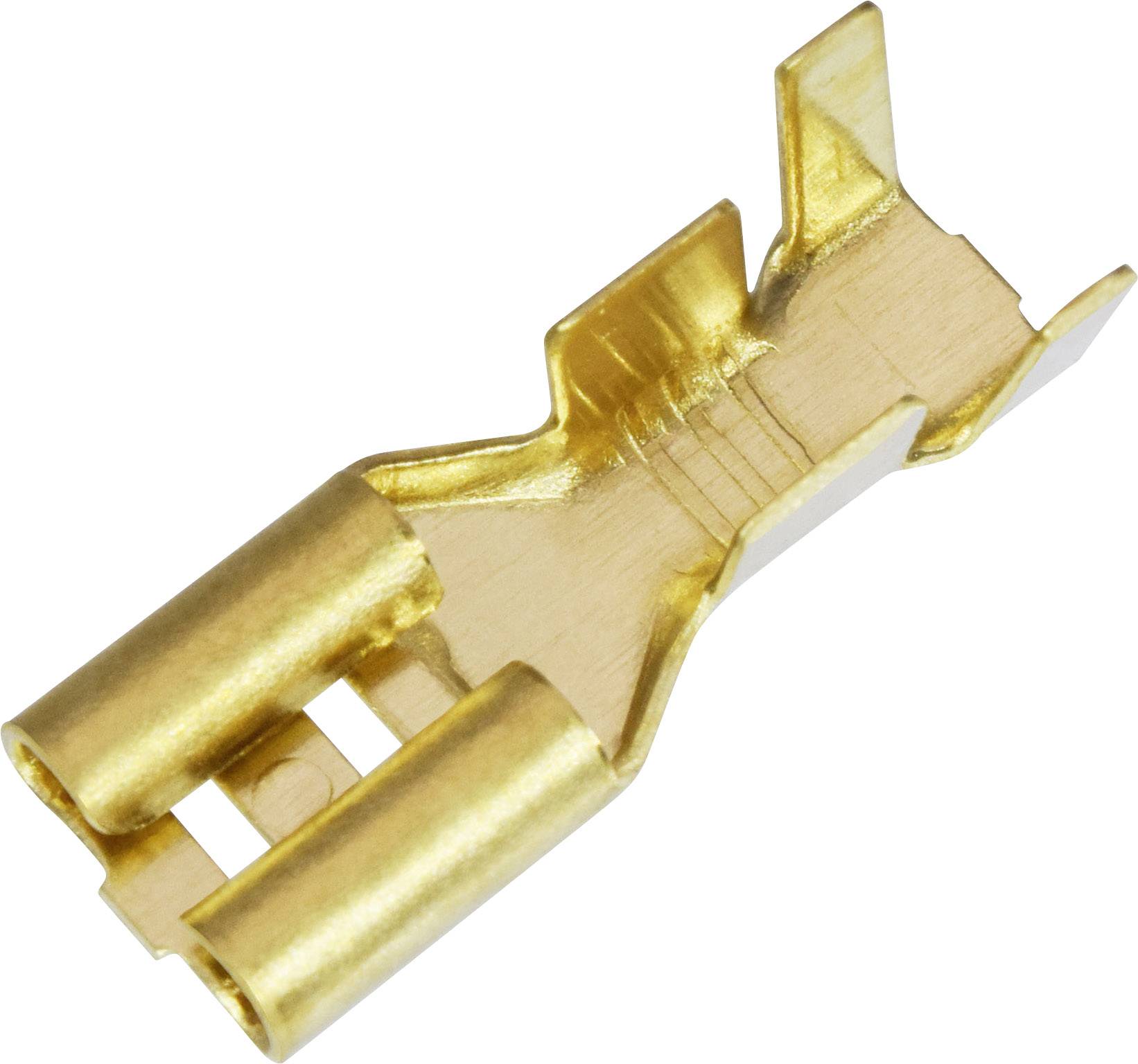 Gold-coloured metal clip, rectangular in shape with two round openings. Used for electrical connection.