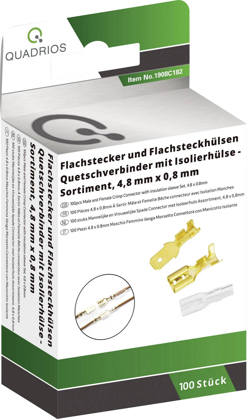 Packaging of a Quadrio box with 100 flat connectors and flat connector sleeves, tin-plated brass, 4.8 mm x 0.8 mm, including insulating sleeve.