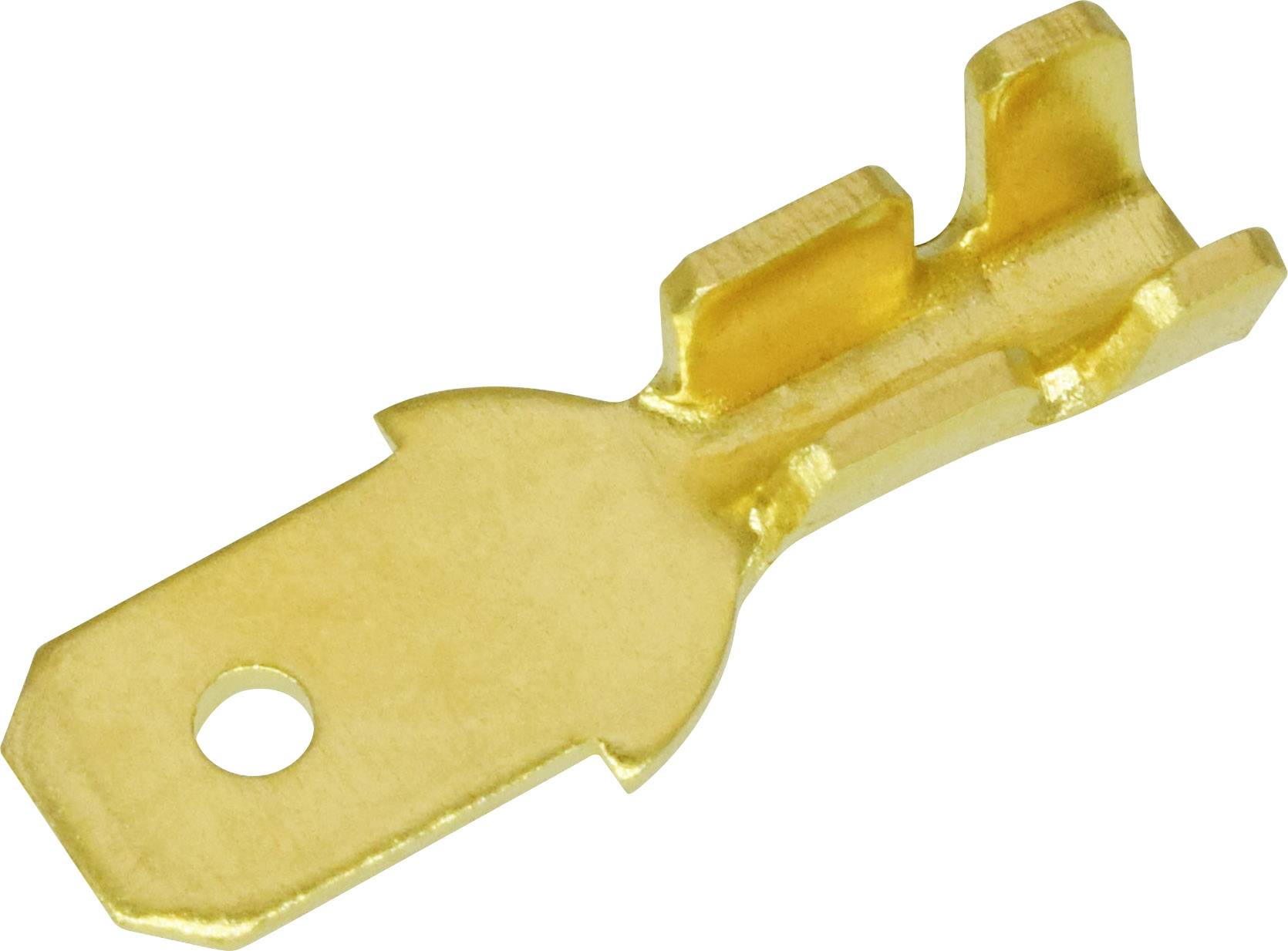 Gold-coloured metal contact for electrical connections, with rectangular section and double pin, as well as hole opening.