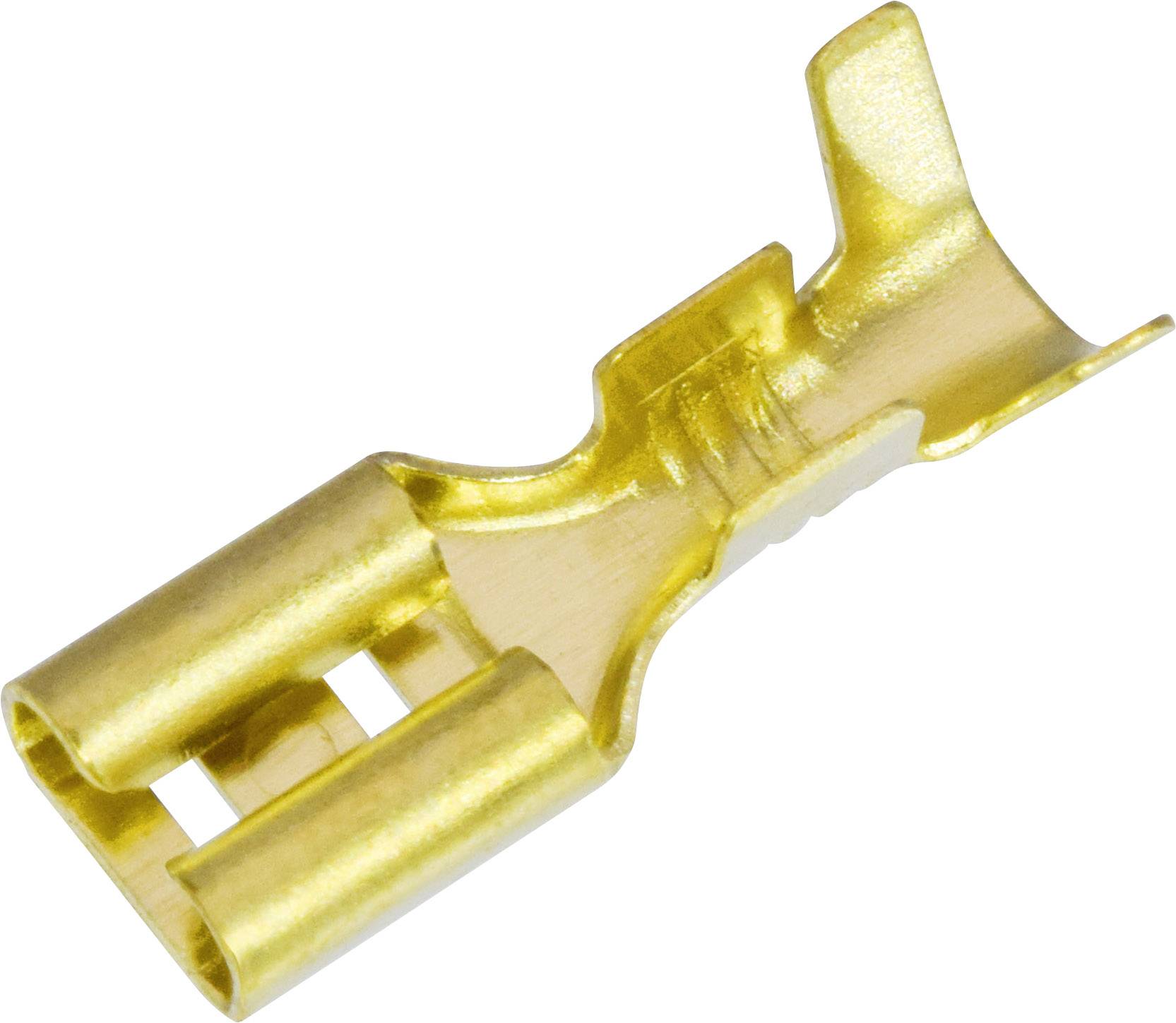 Golden metal electrical connector terminal with a flat tab and two openings, used for cable connections.