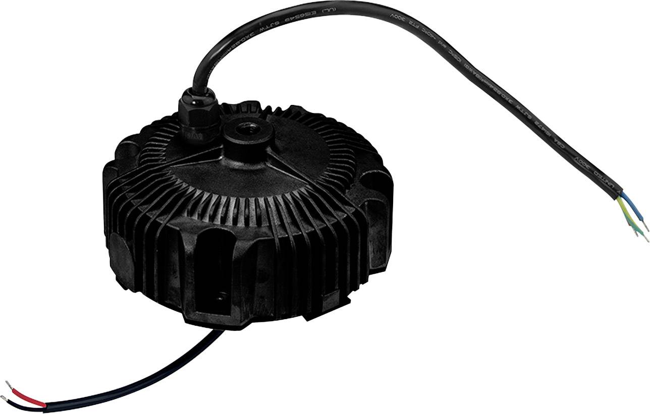 Black, round electrical device with cooling fins and power cables, possibly part of an LED driver.
