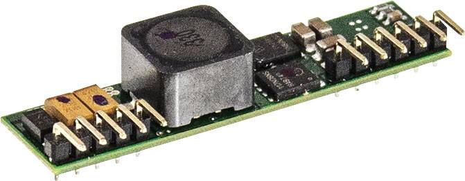 Small green printed circuit board module with various electronic components and golden connector pins.