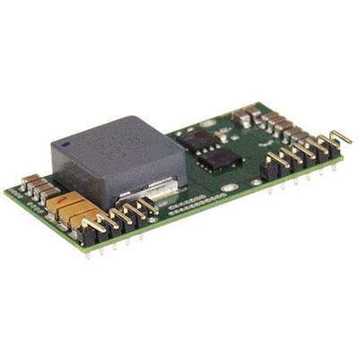 A green circuit board with multiple components, including a large black chip in the centre and silver connection pins on the sides.