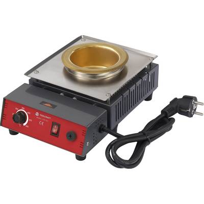 An electric soldering bath with temperature control, red control panel, power cable, and round gold-coloured soldering vessel.