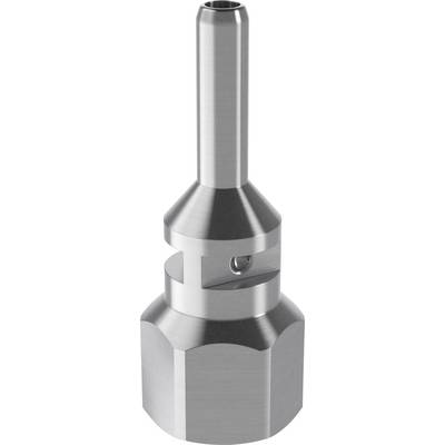 Metallic tool attachment, cylindrical in shape with a round handle and a recessed lower section.