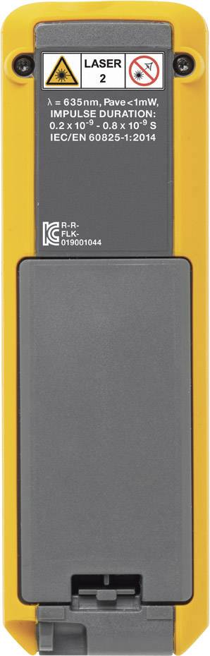 Back of a yellow laser device with warning notices and technical specifications.