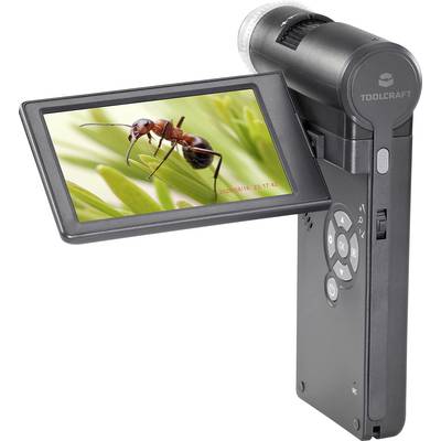 A portable digital microscope displays an ant in close-up on a folding screen.