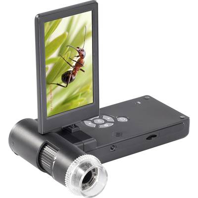 An electronic microscope with a fold-out screen displays a close-up image of an ant on a leaf.