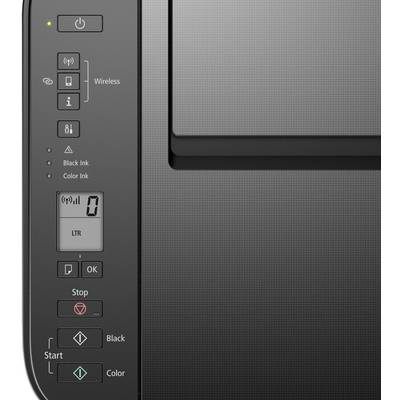 A close-up of a printer control panel with buttons for On/Off, Wi-Fi, Copy, and Print in black or colour. An LCD display shows the status.