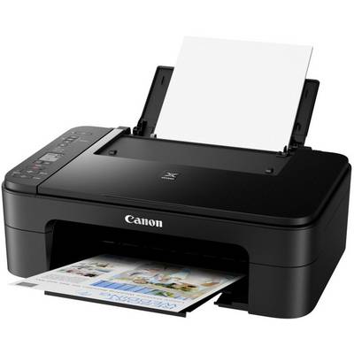 A black Canon printer with a stack of paper inserted at the top and a printed sheet emerging from the front.