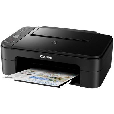 A black Canon printer printing a coloured document with graphics and text. The printer has a compact design.