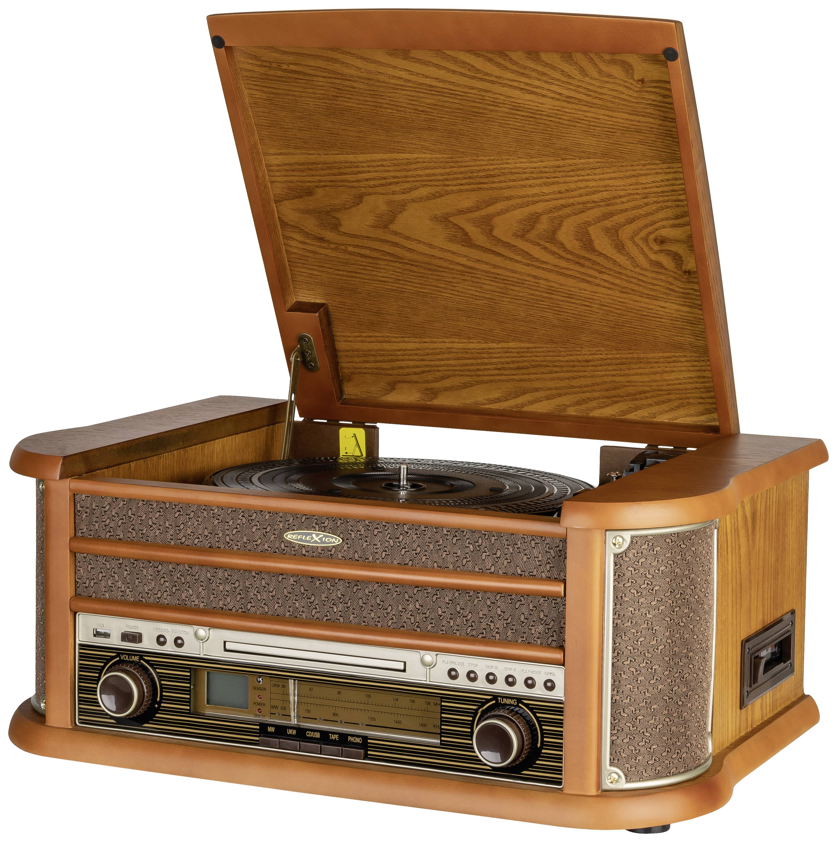 Wooden record player in a retro design with an open lid, revealing its interior. Front panel featuring control buttons and speakers.