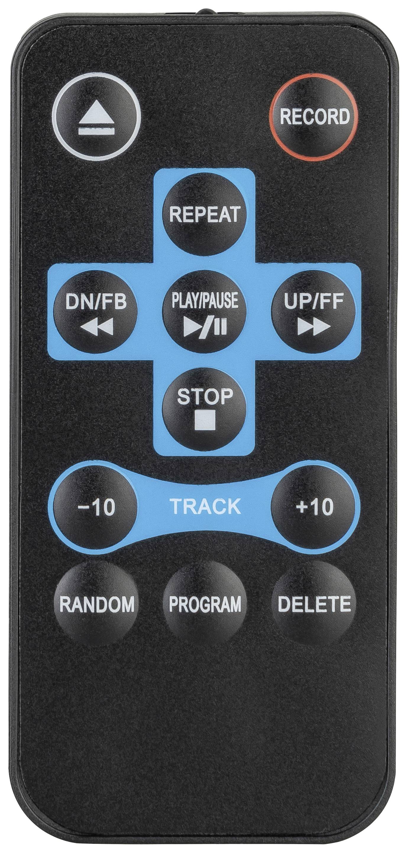 Black remote control with blue and grey buttons for playback, pause, stop, recording, and track control.
