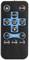 Black remote control with blue and grey buttons for playback, pause, stop, recording, and track control.