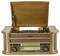 Vintage wooden console record player with lid open, showing a turntable, radio tuner, and built-in speakers.