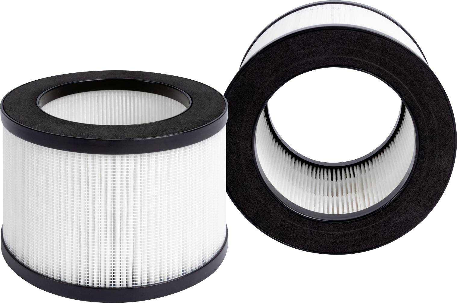Two cylindrical air filters side by side on a white background. One is standing upright, the other is lying on its side.