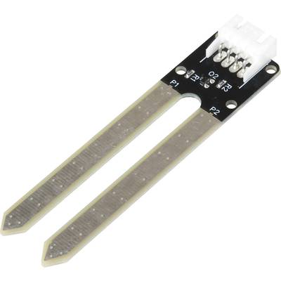 A moisture sensor with two metal probes and a white plug on a black carrier, for measuring soil moisture.