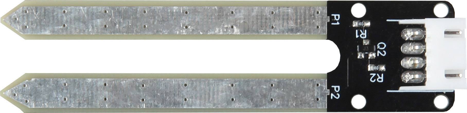 A moisture sensor with two parallel, tapering metal contact strips, connected to an electronic module.