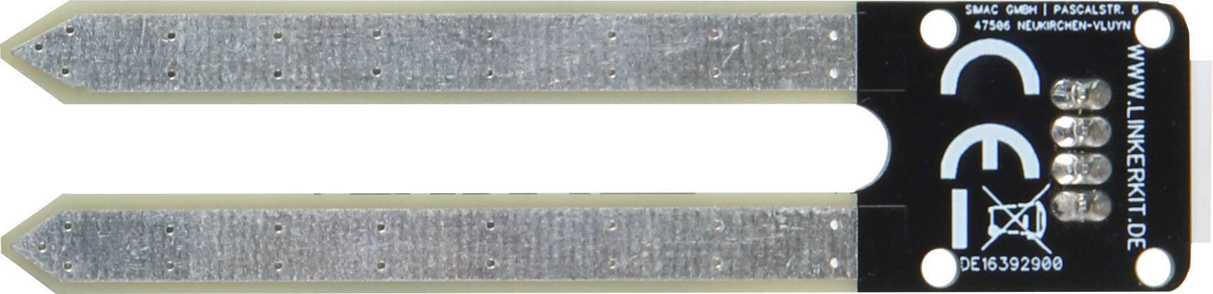 A soil moisture sensor with two metal probes for measuring water content in the soil, with CE marking and serial number.