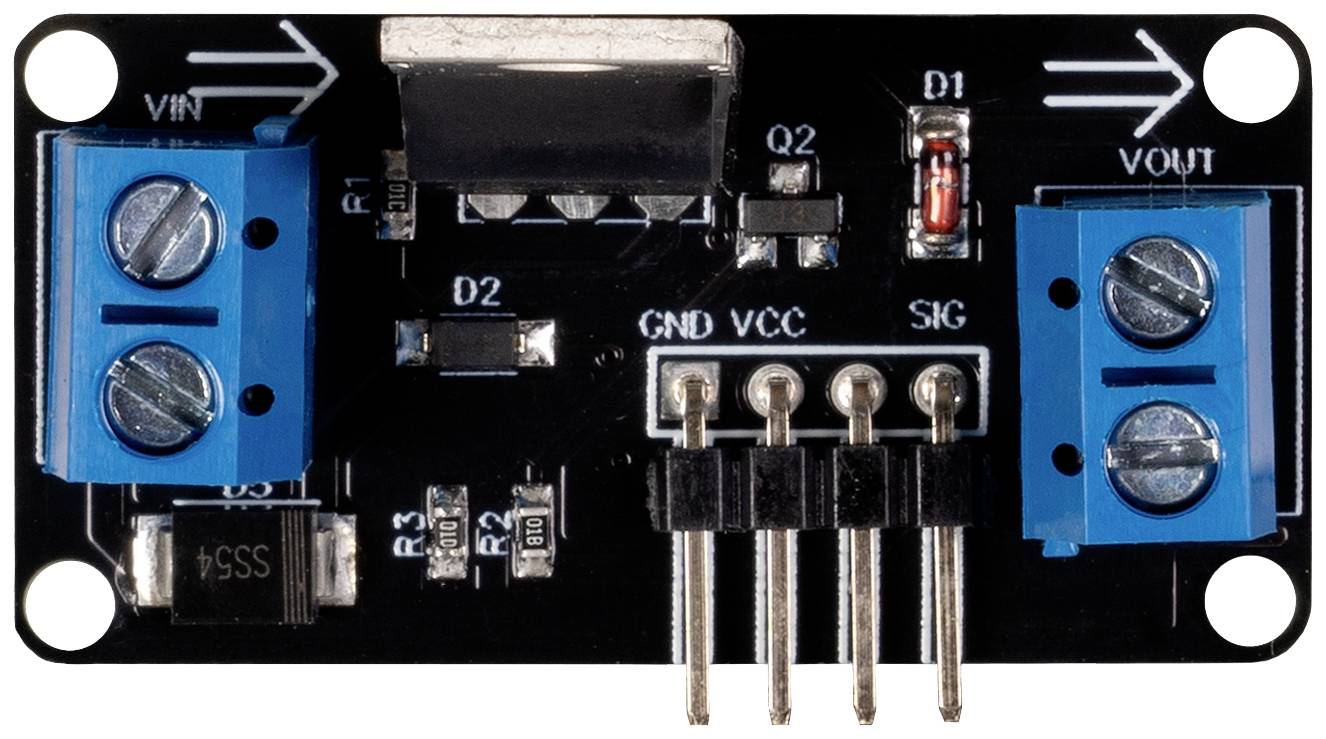 'Voltage Regulator Module: Black board with blue terminal blocks on the left (input) and right (output), plug connections at the bottom.'