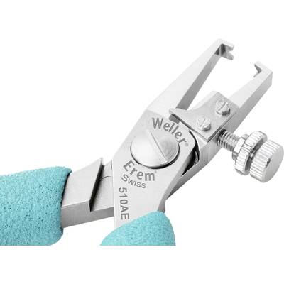 A close-up of a silver tweezers with the inscription 'Weller Erem Swiss 510AE', held by a hand wearing a blue glove.