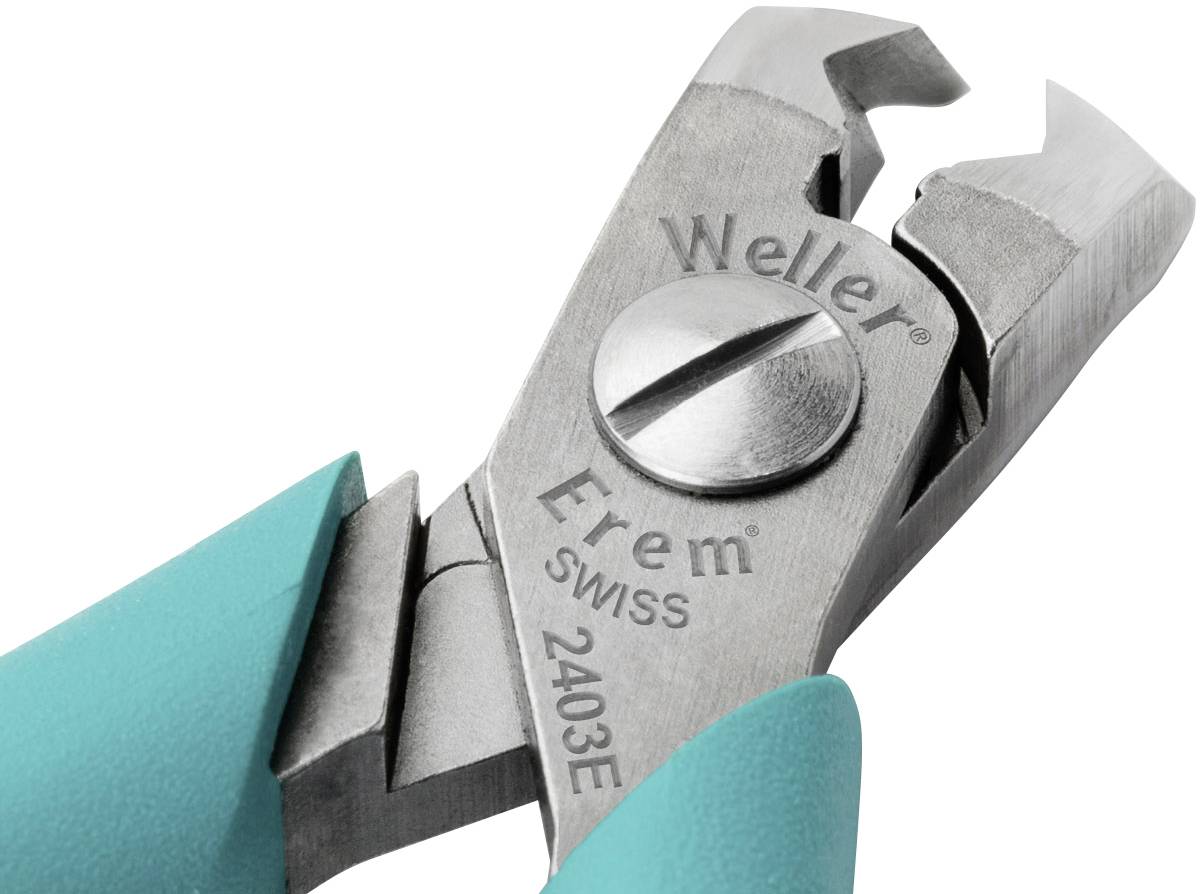Close-up of an Erem 2403E side cutter with turquoise handles and inscription 'Weller' and 'Swiss'.