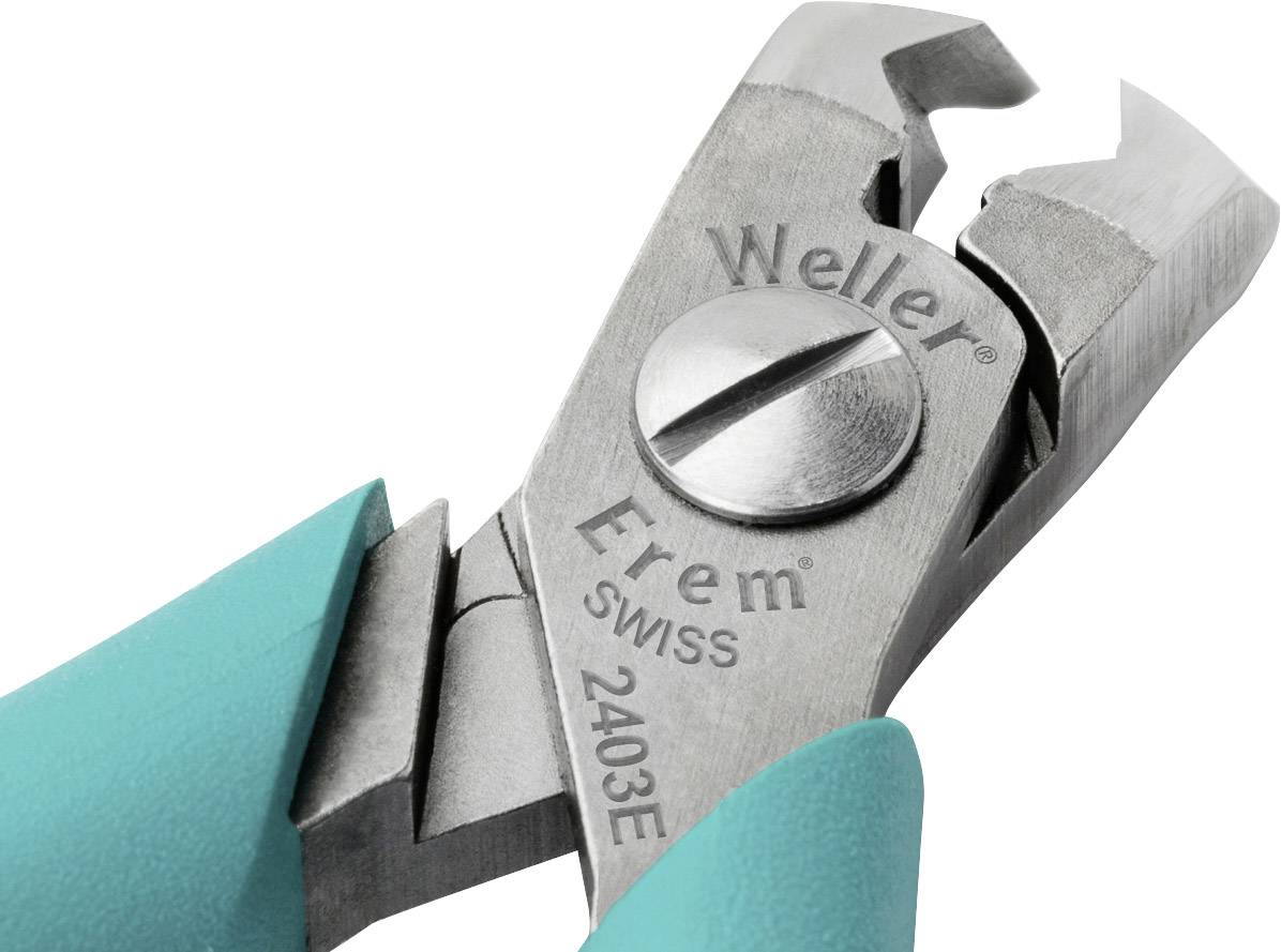 Pliers with the inscription 'Weller Erem 2403E SWISS', metal construction with green handle, showing detail of cutting surface.