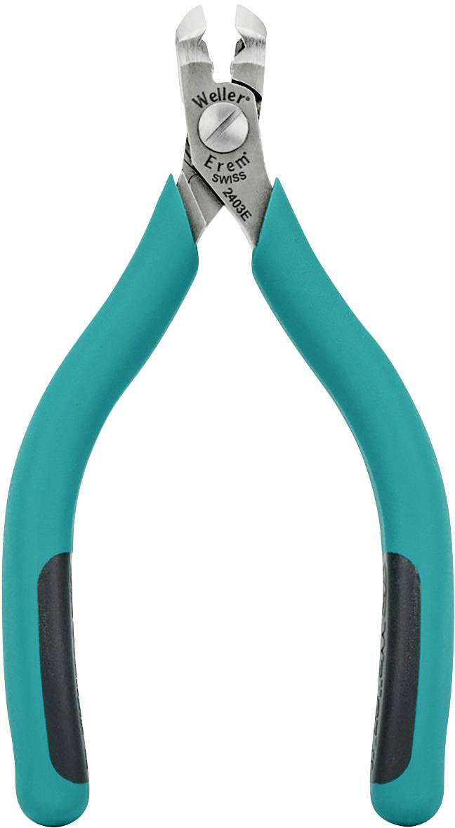 A green side cutter with black handles. 'Weller' brand name engraved on the metal surface. Tool for cutting wires.