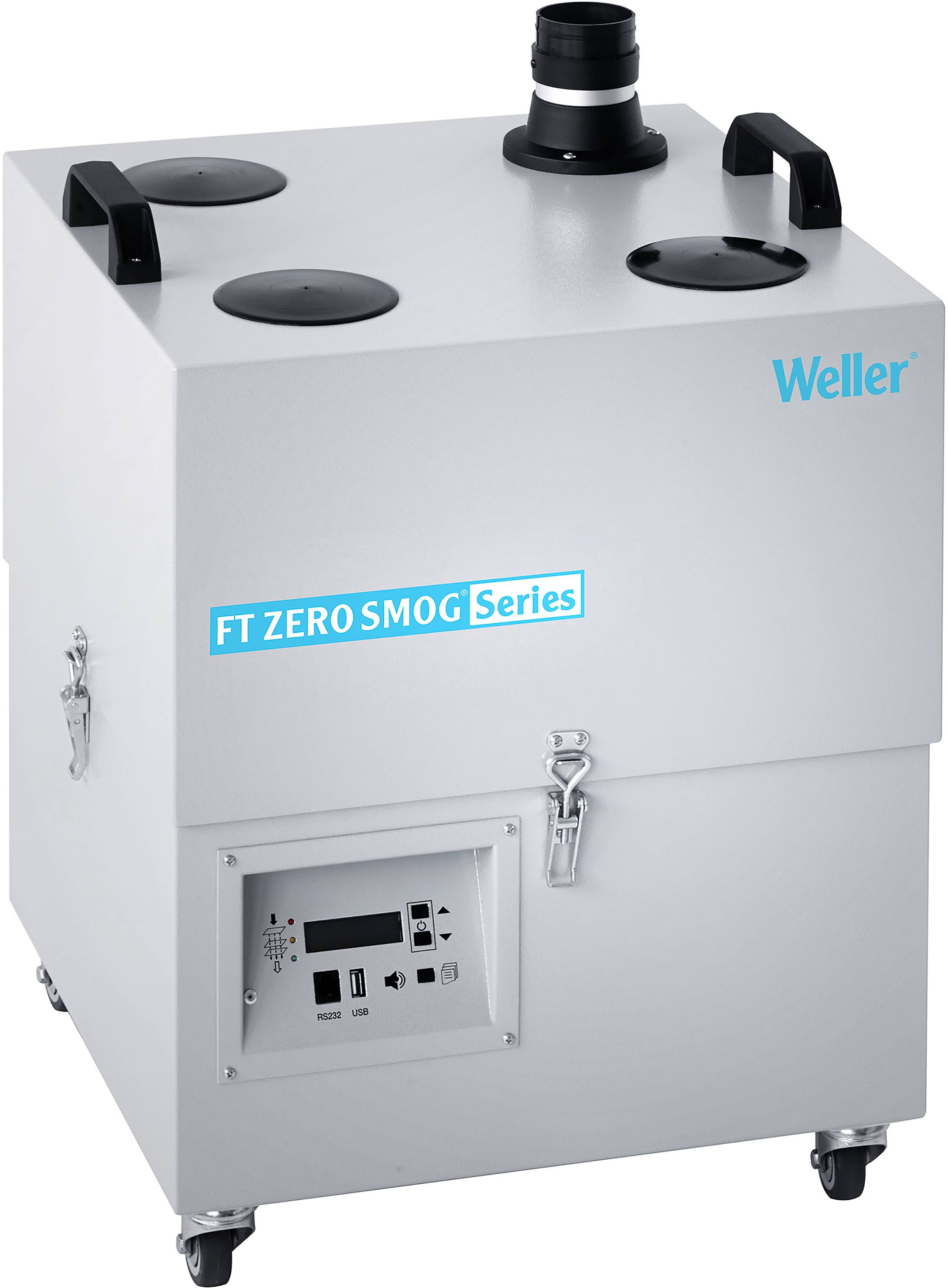 An air purifier with the inscription 'Weller FT Zero Smog Series' on the top surface. It has multiple connections and wheels.