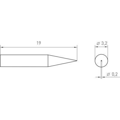Technical drawing of an elongated object with a tip, dimensions: length 19, tip diameter 3.2, bore 0.2.