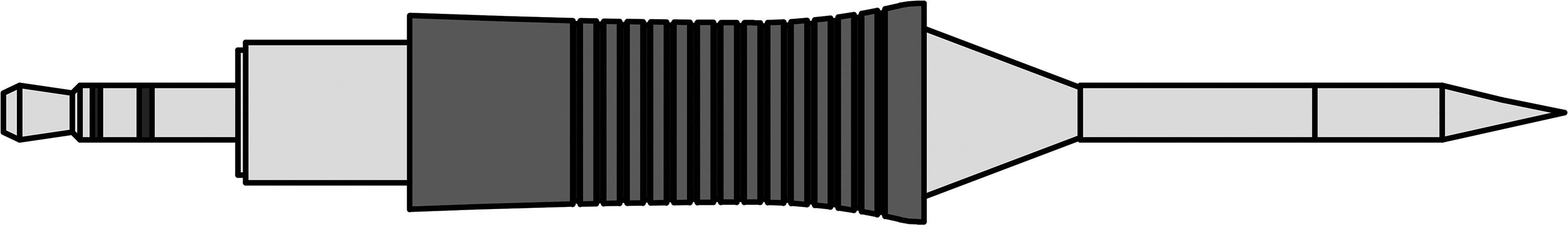 Drawing of a connector with a ribbed grip, a cylindrical centre, and a pointed end pointing to the right.