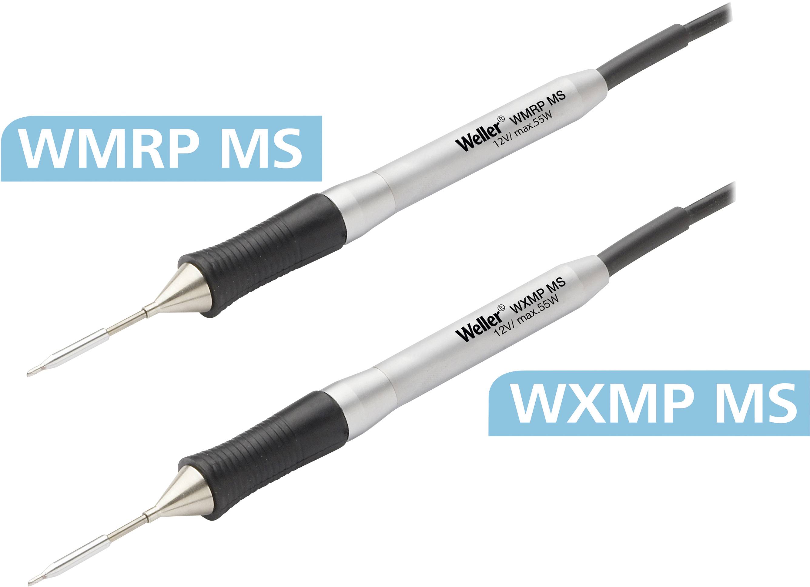 Two Weller soldering iron models, WMRP MS and WXMP MS, with slim, black handle and metal tip, side by side in close-up.